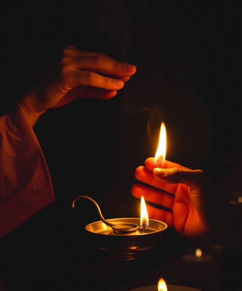 Hands performing arati with diya lamp