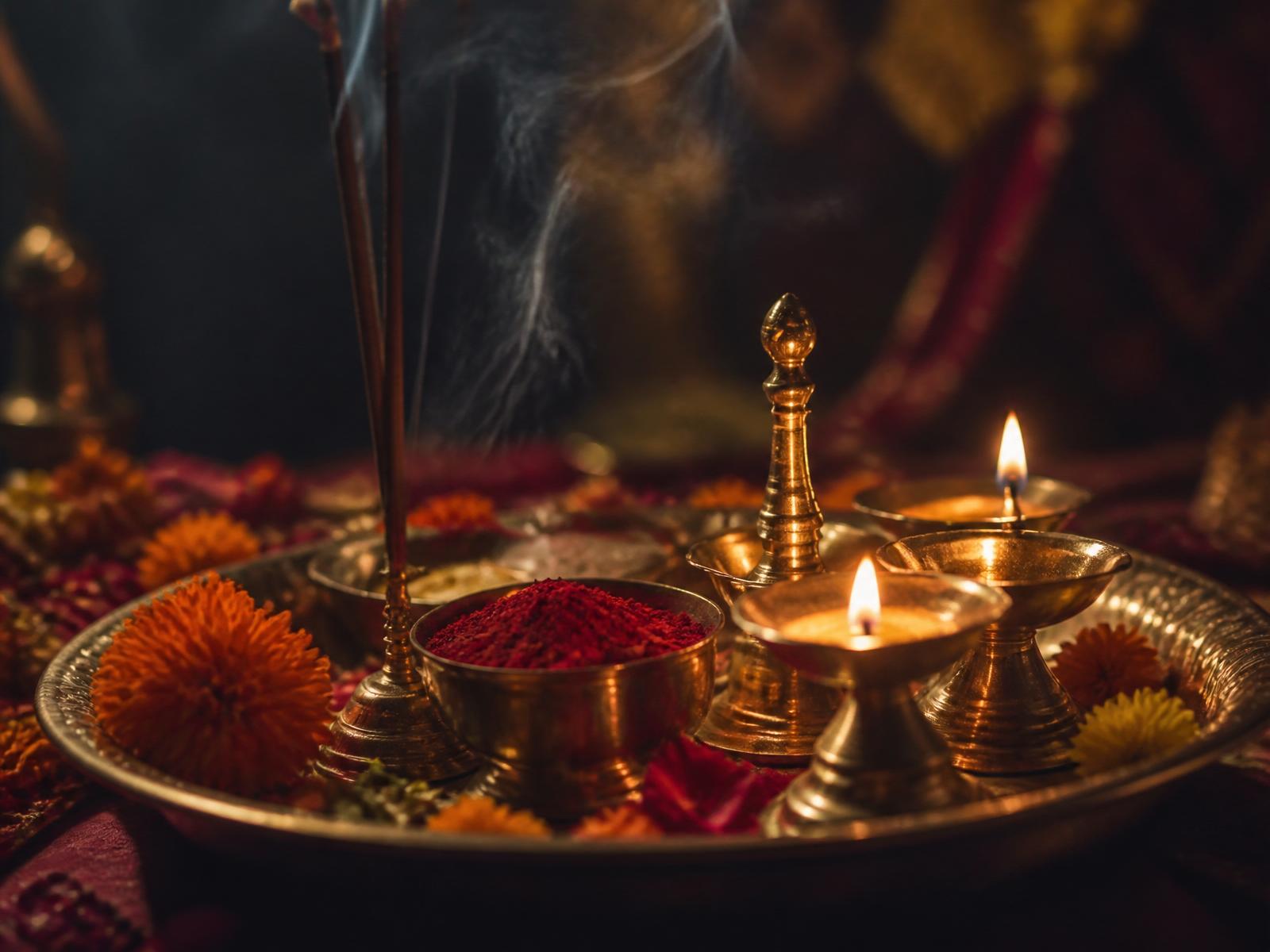Sacred Hindu puja thali with brass diya lamps, kumkum and marigold flowers